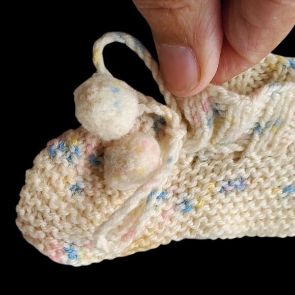 Vintage Hand Knit Baby Dress & Booties Set Off White Crochet Edges Pom Poms - Picture 8 of 10
